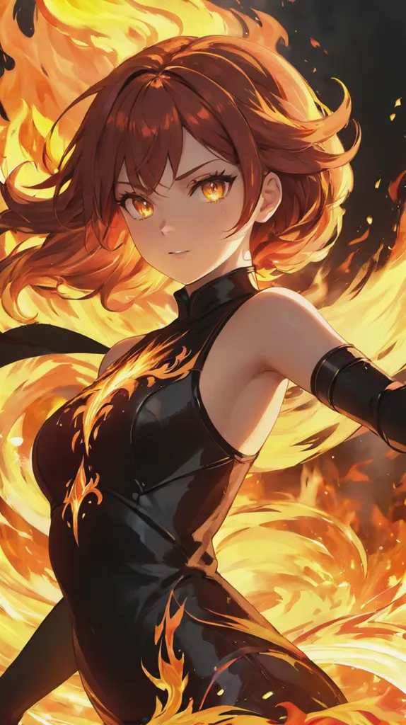 The picture shows a girl with long red hair and yellow eyes. She is wearing a black sleeveless dress with a yellow pattern. She is standing in a fiery background. The girl has a serious expression on her face. She looks like she is ready to fight.