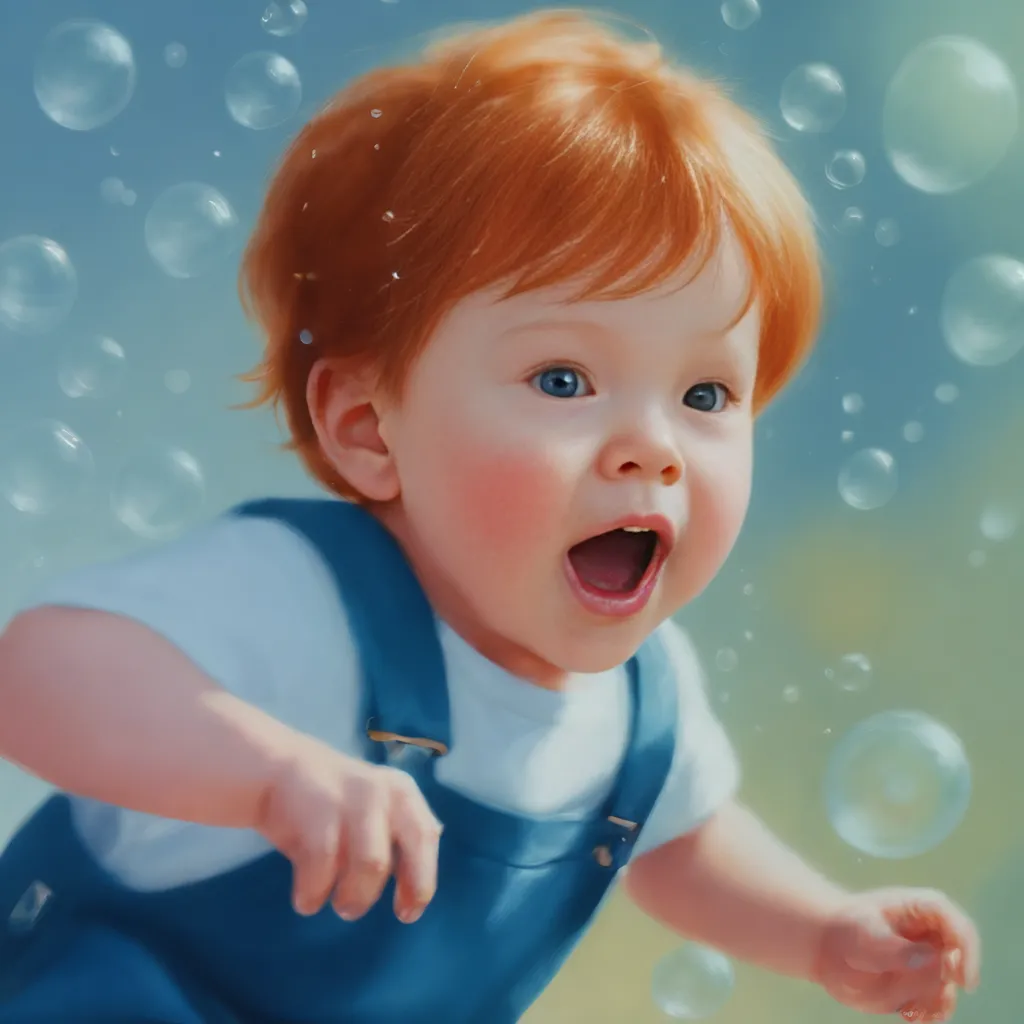 The image shows a cute baby boy with red hair and blue eyes. He is wearing a white shirt and blue overalls. The baby is surrounded by bubbles and has a surprised expression on his face. The background is a soft blue color.