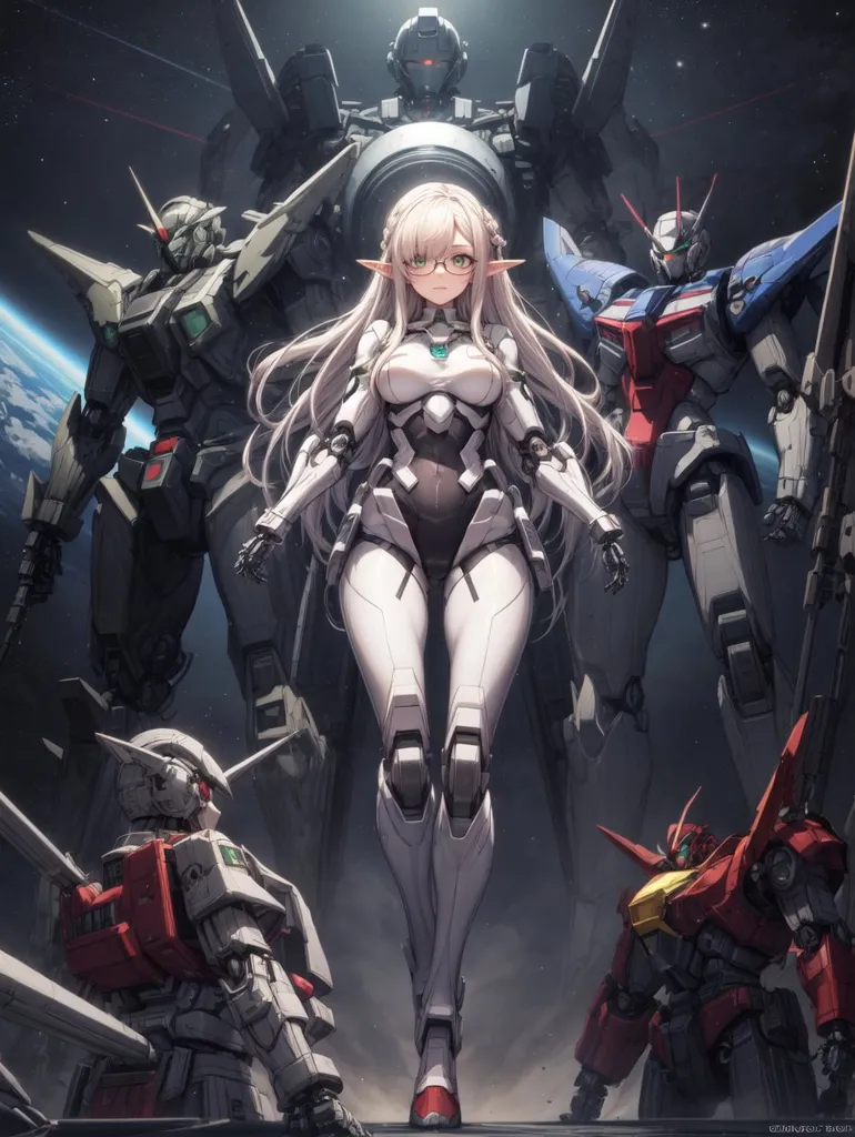 The image is a painting of a scene from an anime series. There is a group of five characters in the image. Four of them are mecha suits and the other is a young woman with long white hair and green eyes. She is wearing a white bodysuit and a pair of glasses. She is standing in front of the four mecha suits, which are all different colors. The mecha suits are all armed with weapons and look ready for battle. The background of the image is a starry sky with a planet in the distance.