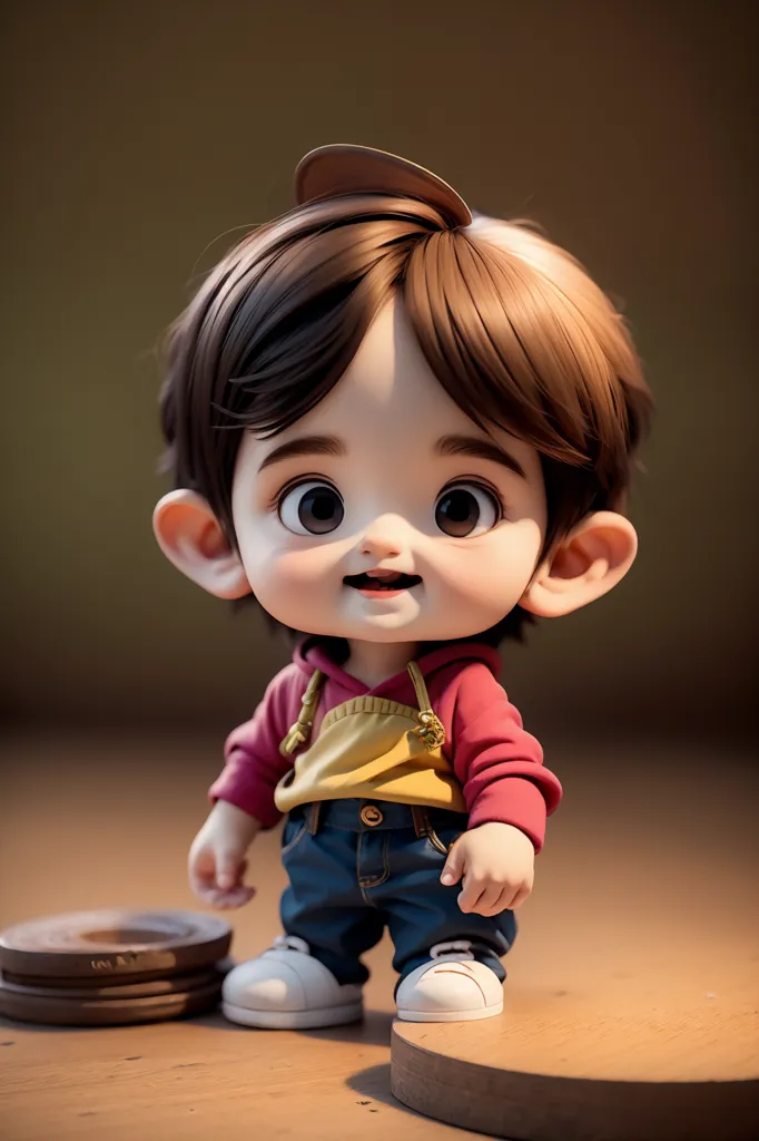 The image shows a 3D rendering of a baby boy. He has brown hair and brown eyes. He is wearing a red shirt, blue pants, and white shoes. He has a big smile on his face. He looks like he is about to take his first steps. He is standing on a wooden table. There are two wooden circles on the table. The background is a blurred brown color.