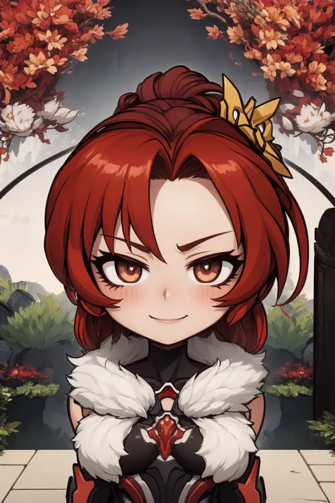 This is a picture of a young woman with red hair and yellow eyes. She is wearing a white and red outfit with a fur collar. She has a confident smile on her face and is standing in a garden with red and white flowers.