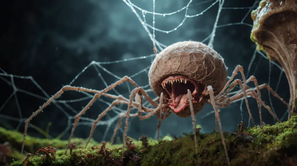 The image is a 3D rendering of a spider with the head of a human. The spider is crouched on a bed of moss and is surrounded by cobwebs. The spider's eyes are wide and its mouth is open, exposing its sharp teeth. The spider's body is covered in hair and its legs are long and spindly. The image is dark and moody, and the spider is lit by a single spotlight.