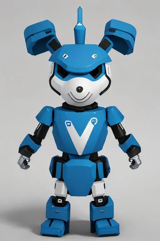 The image shows a blue and white robot that looks like a dog. It has a friendly face with a smile and big eyes. It is wearing a blue and white suit of armor and has a V-shaped symbol on its chest. It is standing on two legs and has arms with hands. It looks like it could be a character from a cartoon or video game.