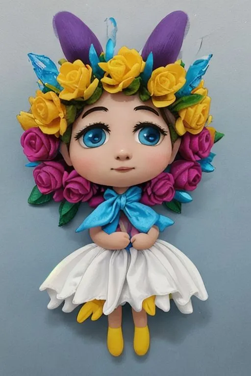 The image shows a doll with blue eyes, pink cheeks, and a gentle smile. She is wearing a white dress with a blue bow at the waist. Her head is adorned with a wreath of yellow, pink, and purple roses, and she has long, pointed ears. The doll is made of polymer clay and is about 10 inches tall.