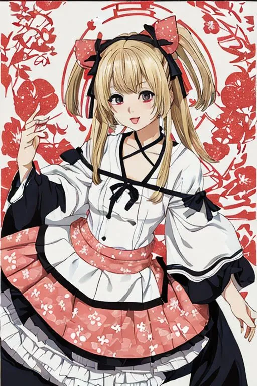 The image contains a cute anime girl with blonde twintails. She is wearing a white and red maid outfit with a pink apron. There is a red and white pattern in the background. The girl has a happy expression on her face and is looking at the viewer.