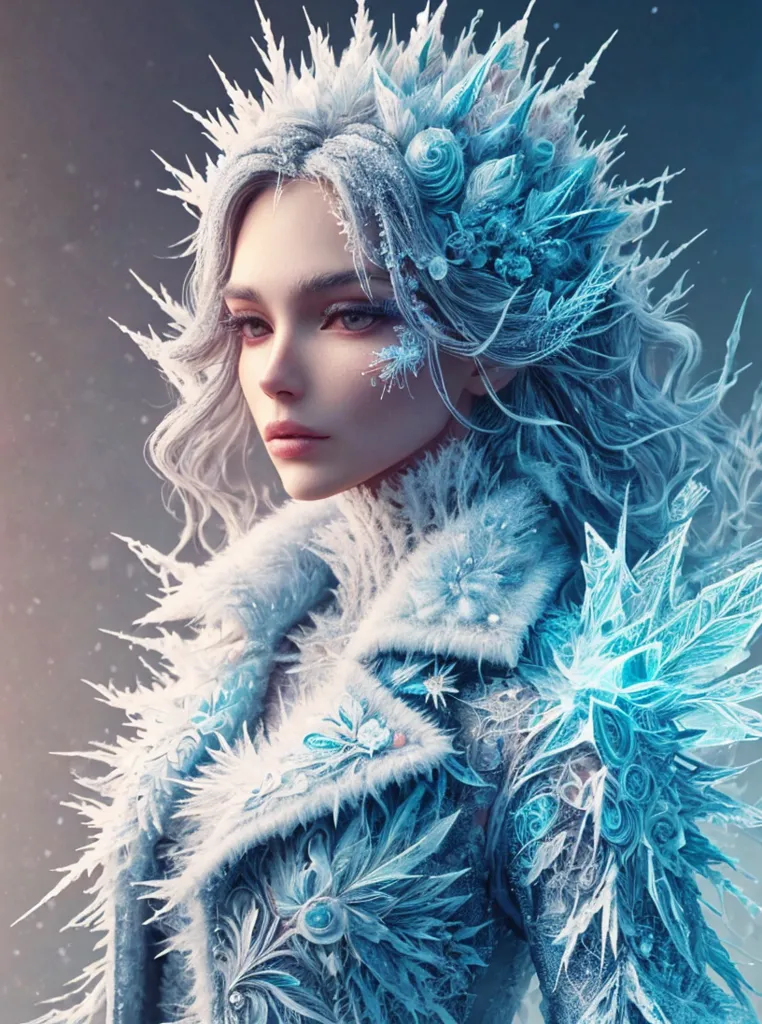 This is an image of the Snow Queen. She is a beautiful woman with long white hair and blue eyes. She is wearing a white dress that is covered in ice and snow. Her head is adorned with a crown of ice and snow. She has a cold, stern expression on her face.