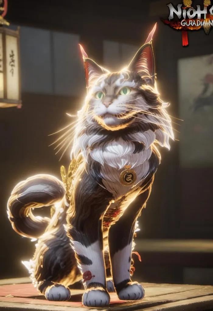 A cat is sitting on a wooden table. The cat has long white and brown fur, and its eyes are glowing green. It is wearing a golden collar with a red jewel in the center. The cat is surrounded by a golden aura.