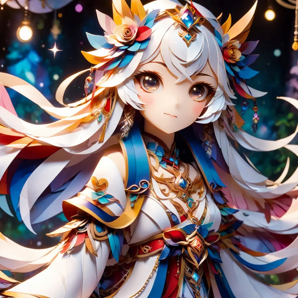 This is an image of an anime girl with long white hair and blue eyes. She is wearing a white and gold dress with a blue sash. She has a flower in her hair and is surrounded by colorful lights.