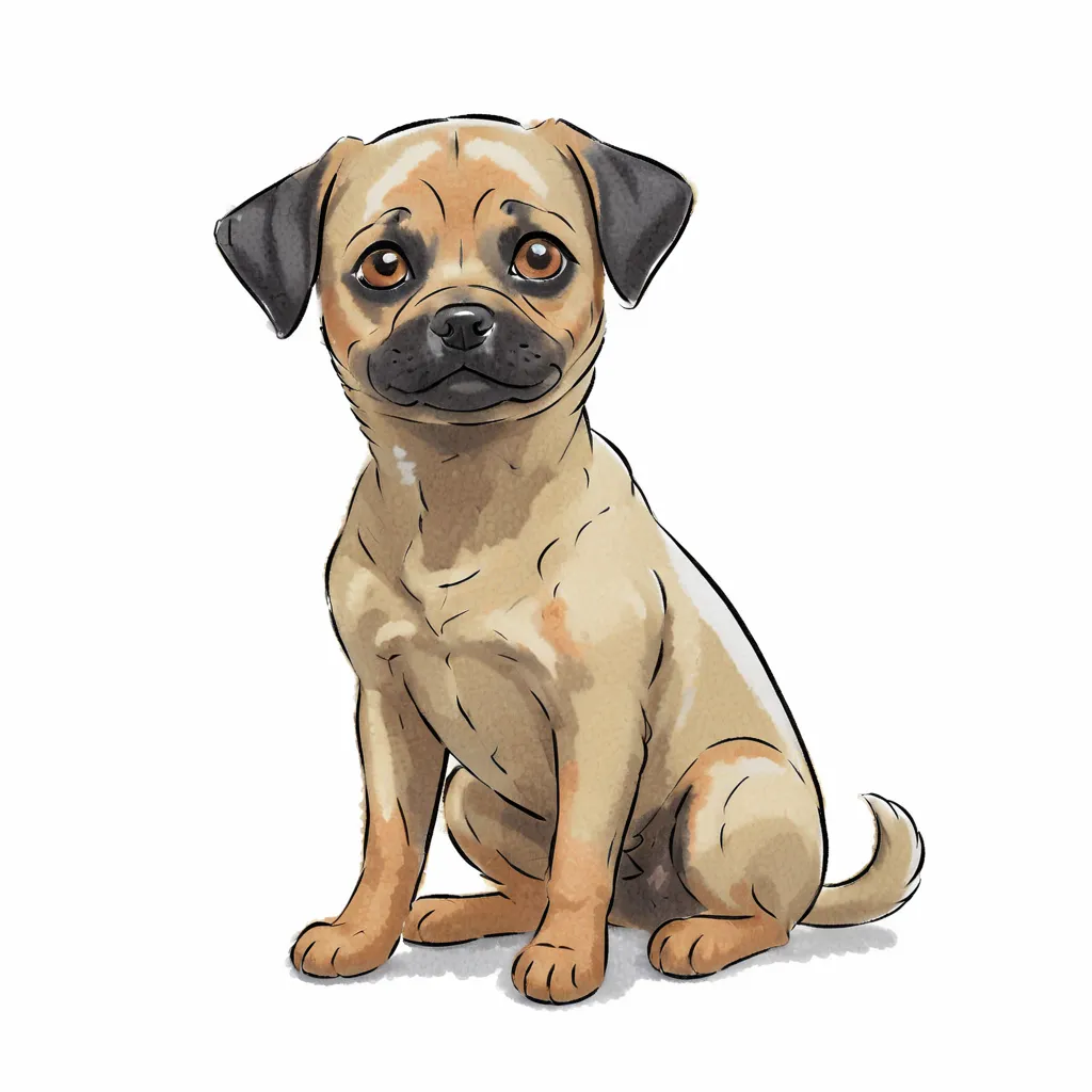 The image shows a cute puppy with a light brown coat and black ears. It has big, round eyes and a short, stubby tail. The puppy is sitting on a white background and looking up at the viewer with a curious expression.