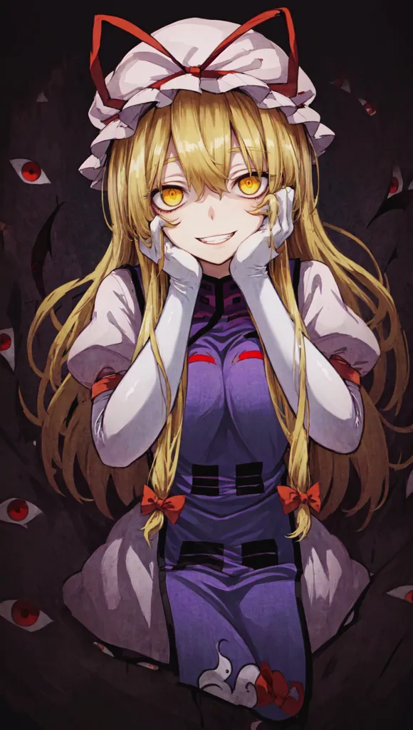 The picture shows a girl with long blond hair and yellow eyes. She is wearing a white and purple dress with a red ribbon in her hair. She has a strange smile on her face and there are many red eyes in the background.