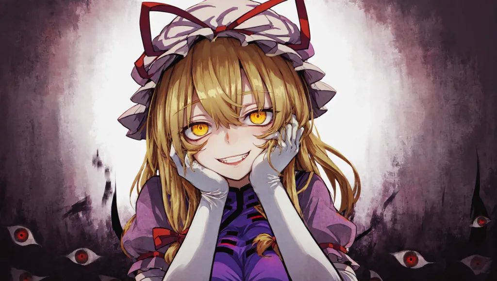 The picture shows a girl with long blond hair and yellow eyes. She is wearing a white and red hat with a red ribbon. The girl is smiling and has her hands on her cheeks. She is wearing a purple dress with a white collar. The background is dark with many red eyes in the shadows.