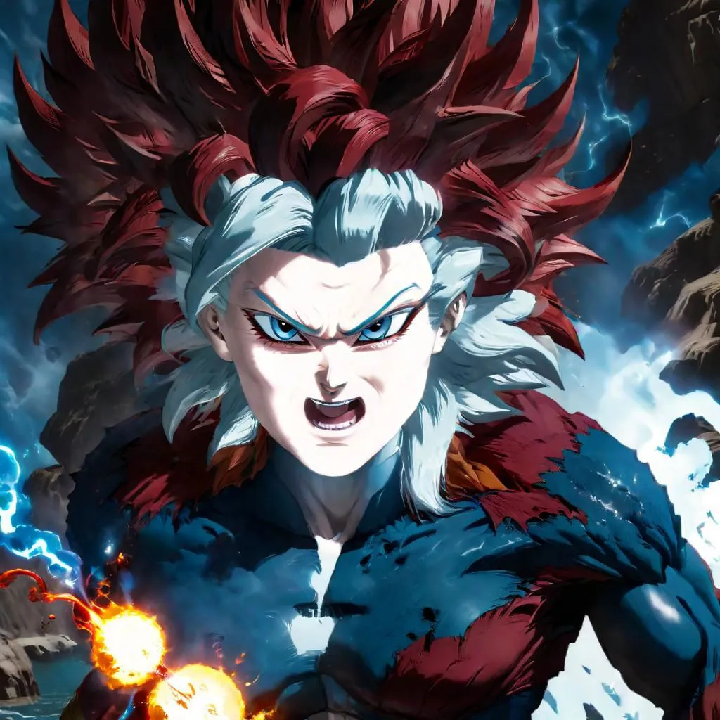 The picture shows a character from the anime series Dragon Ball. He has red and white hair and blue eyes. He is wearing a blue and red suit. He is surrounded by lightning and has a serious expression on his face. He is in the middle of a battle and is about to attack his opponent. The background is dark and stormy.