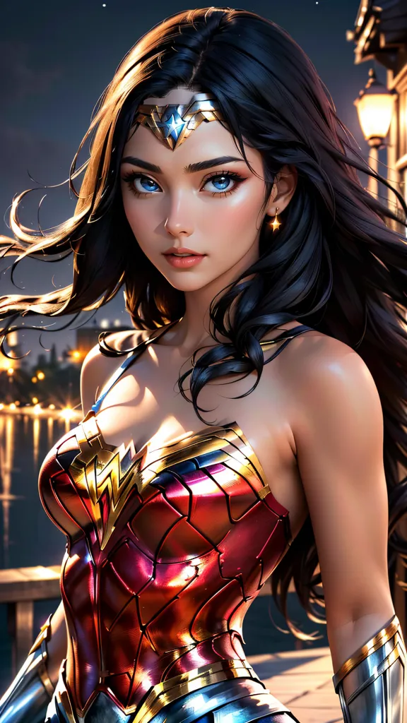 This is an image of Wonder Woman, a superhero from DC Comics. She is depicted as a young woman with long, dark hair and blue eyes. She is wearing a red and gold costume and a tiara. She is standing on a rooftop, looking out over a city. The image is drawn in a realistic style and the colors are vibrant and bright.