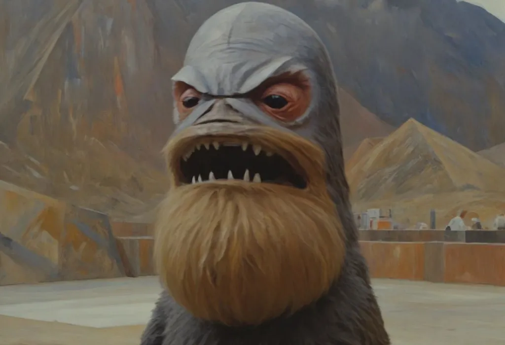 The creature has a large head with a prominent chin and a mouth full of sharp teeth and a long beard. Its fur is gray and matted, its eyes are red and its skin is a pale blue. The creature is standing in a rocky canyon, and there are mountains in the background.