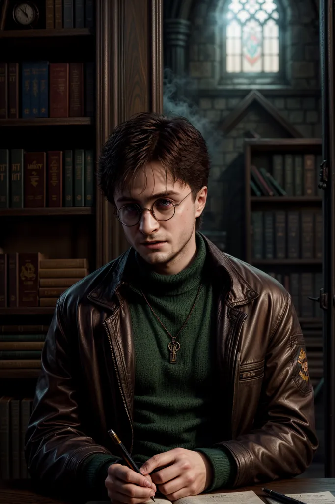 This is a picture of Harry Potter, a character from the Harry Potter series. He is sitting in a library, surrounded by books. He is wearing a brown leather jacket over a green sweater and glasses. He is looking at the camera with a serious expression.