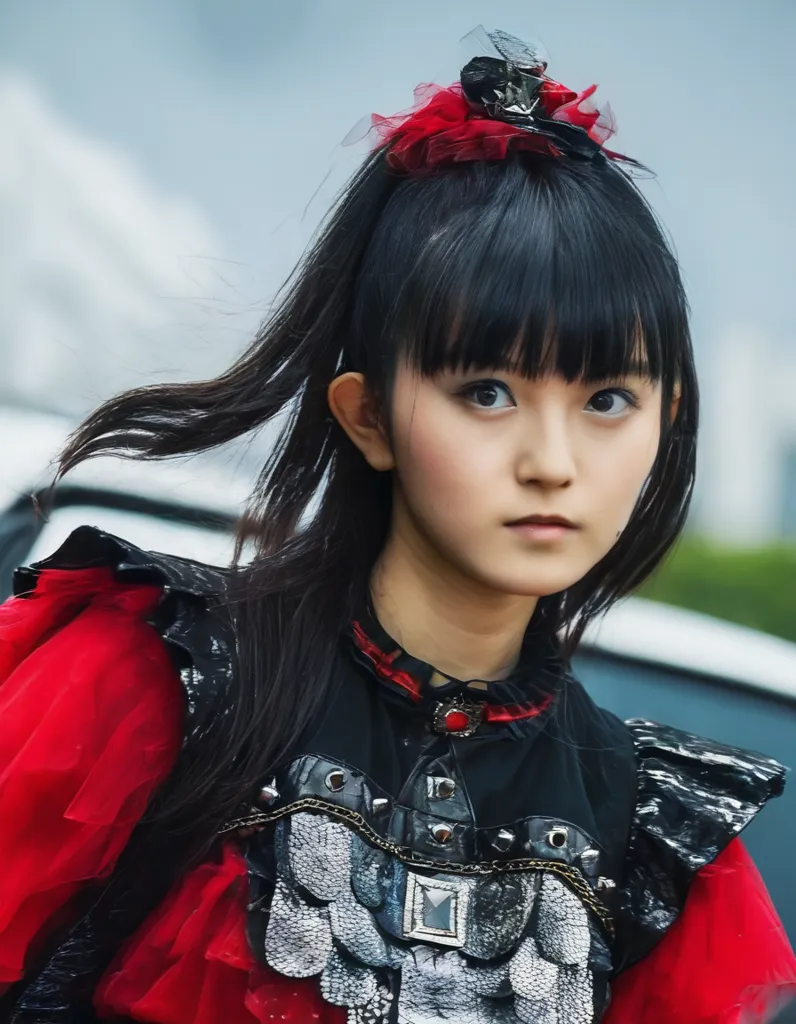 This is a picture of a young Japanese woman with long black hair and bangs. She is wearing a red and black frilly dress with a black choker and a large red bow in her hair. She has a serious expression on her face.