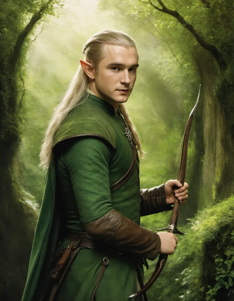 The image is of a young man with long blond hair and pointed ears. He is dressed in a green tunic and brown leather jerkin. He is standing in a forest, holding a bow and arrow. He has a serious expression on his face. He is standing in a forest, holding a bow and arrow. He has a quiver of arrows on his back. He looks like he is ready to hunt or fight.