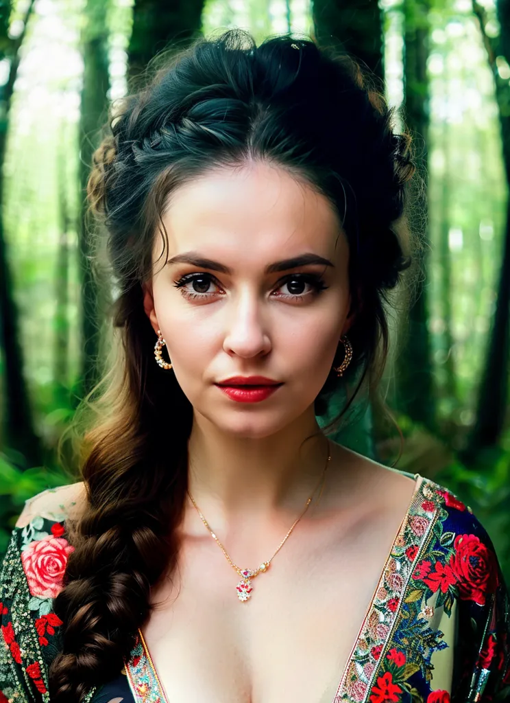 The image shows a young woman with long dark hair, dark eyes, and red lips. She is wearing a green dress with a plunging neckline and a gold necklace with a red jewel in the center. Her hair is styled in a loose braid and she is wearing gold earrings. She is standing in a darkened forest, with green leaves visible in the background.