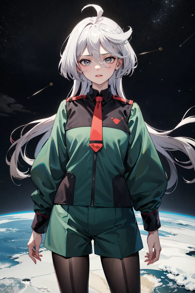 The image shows a young woman with long white hair and red eyes. She is wearing a green and black uniform with a red tie. She is standing in space with the Earth in the background. She is looking at the viewer with a serious expression.