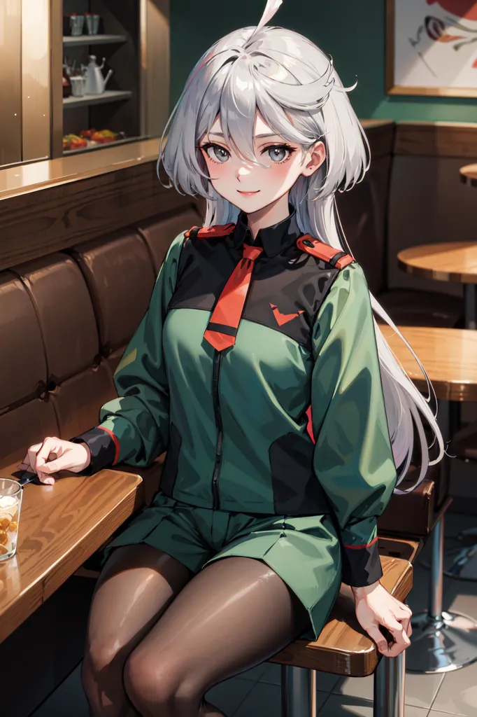 A imagem mostra uma jovem mulher com cabelos longos e brancos e olhos vermelhos. Ela está usando um uniforme verde e preto e uma gravata vermelha. Ela está sentada em um balcão em um restaurante, com a mão direita sobre a mesa e a mão esquerda sobre a cadeira. Há um copo de água sobre a mesa. A mulher está olhando para o espectador com um sorriso no rosto.