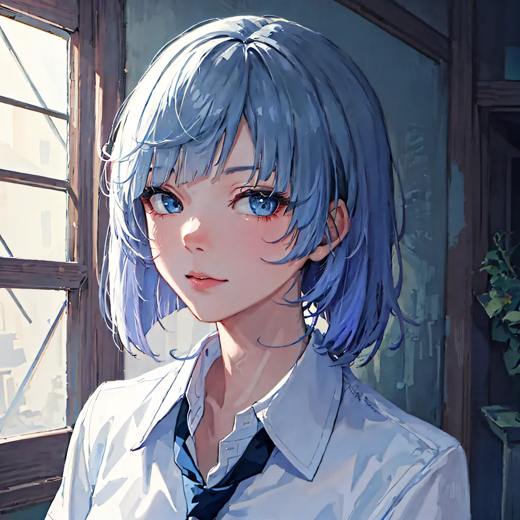 The image is a painting of a young woman with short blue hair and blue eyes. She is wearing a white shirt and a blue tie. The background is a blurred image of a window. The painting is done in a realistic style, and the woman's expression is one of calm contentment.