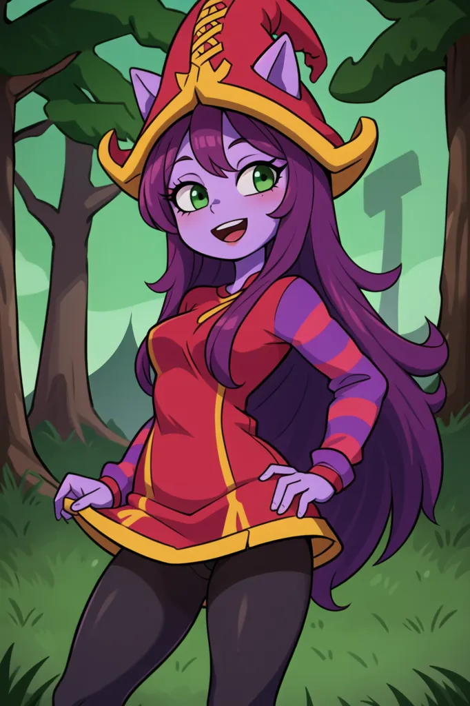 The image is of a young woman with purple hair and green eyes. She is wearing a red and white striped shirt and a red hat with a yellow brim. She is also wearing black stockings and brown boots. She is standing in a forest and is smiling at the viewer. She has cat ears and a tail.