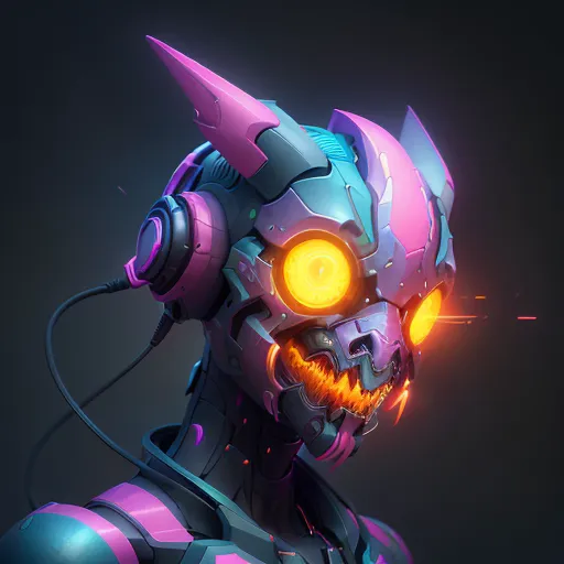 The image is a 3D rendering of a robot head. The robot is mostly pink and blue with some grey parts. It has a skull-like face with glowing yellow eyes and sharp teeth. It is wearing headphones and has a cord coming out of the side of its head. The background is dark grey.