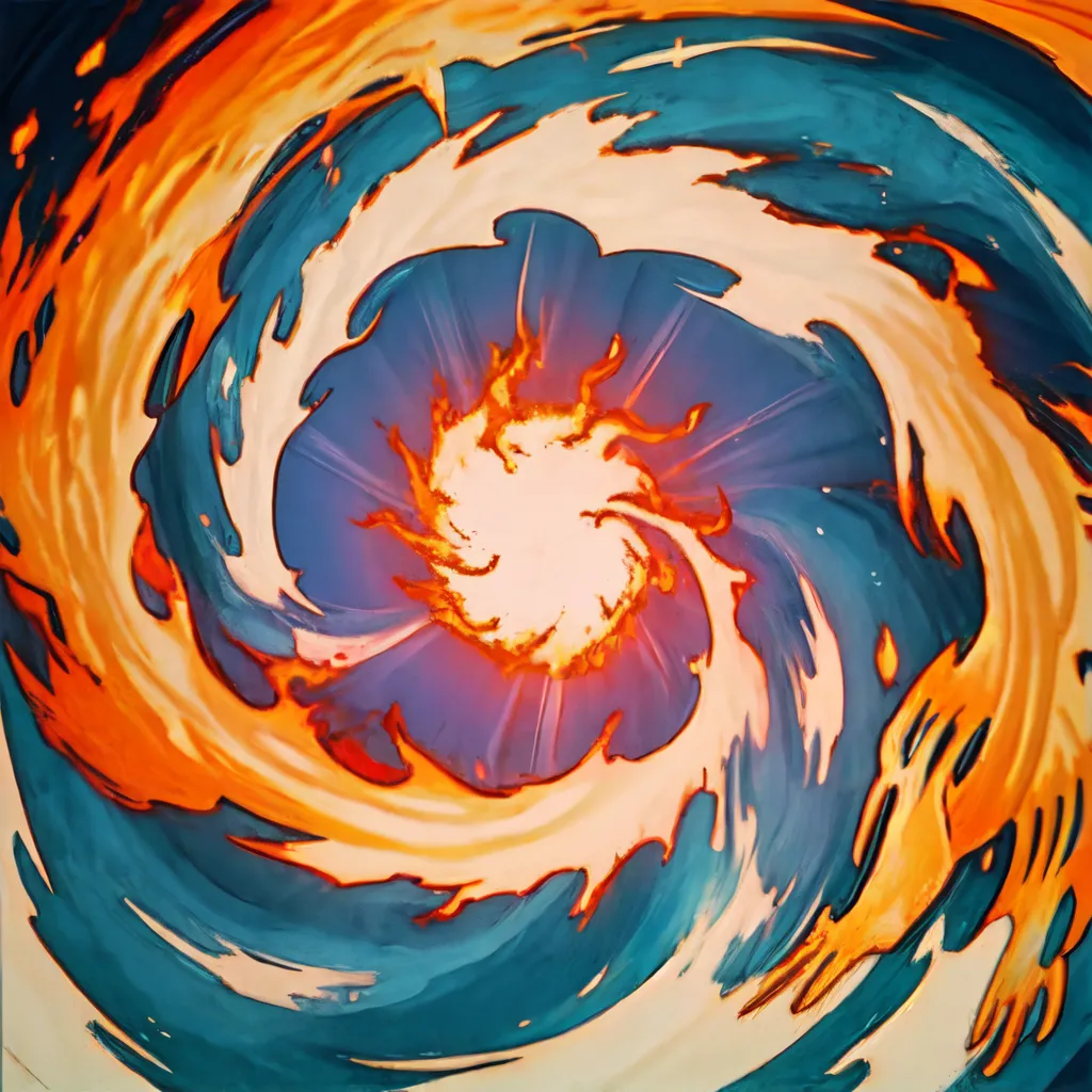 Cette image représente une tempête de feu. La tempête de feu se trouve au centre de l'image et elle est entourée d'un tourbillon bleu et orange. Le tourbillon est composé de nuages tourbillonnants bleus et oranges. La tempête de feu est brillante et elle projette une lueur sur la zone environnante. La tempête de feu est également très chaude et elle fait scintiller l'air qui l'entoure.