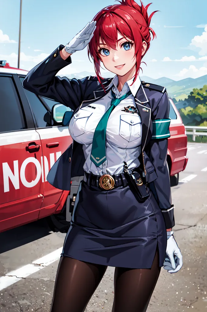 この画像には、警察官の制服を着た若い女性が描かれています。彼女は明るい赤髪を結っており、青い目をしています。白いシャツ、緑のネクタイ、黒いスカートを着用しています。また、金色のバックルが付いた黒いベルトと白い手袋も身に付けています。彼女は赤と白の警察車の前に立ち、右手で敬礼しています。背景には道路と山々が見えます。