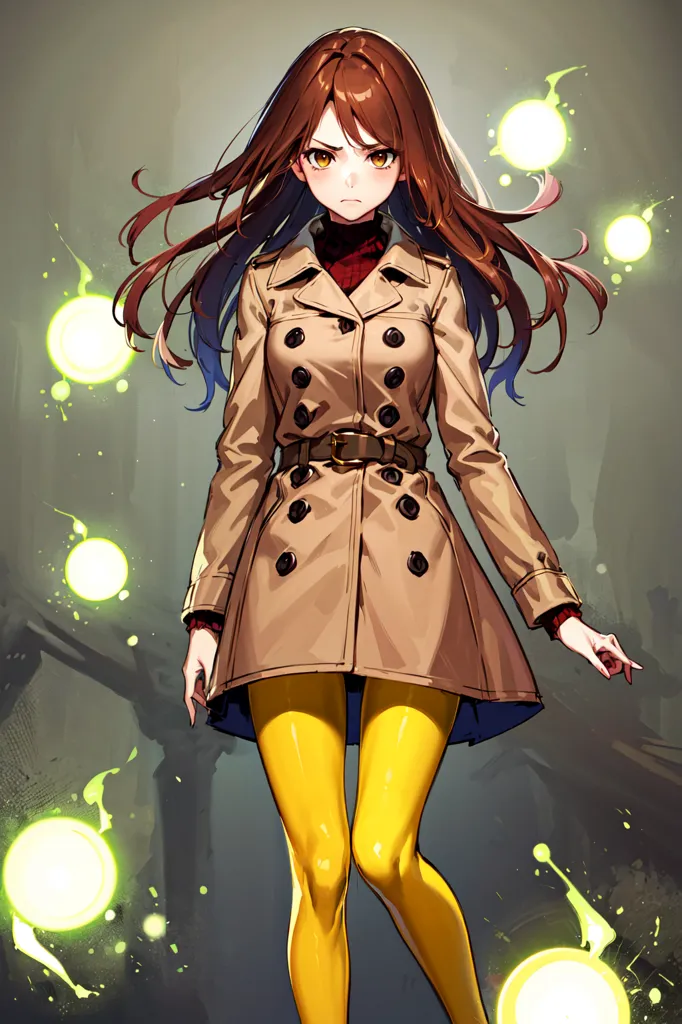 The image shows a young woman with long brown hair and yellow eyes. She is wearing a brown trench coat with a red turtleneck sweater underneath. She is also wearing yellow tights and brown boots. She has a serious expression on her face and is looking at the viewer with her left hand outstretched. There are several glowing green orbs floating around her.