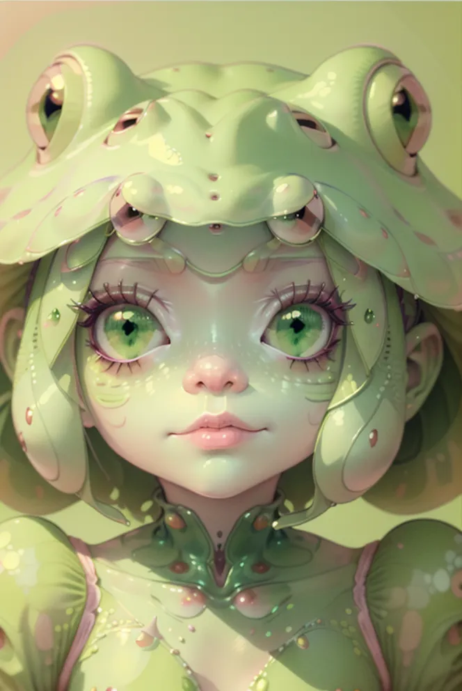 This image is a portrait of a girl with green skin and eyes. She is wearing a frog-like hat and a green dress. The hat has a wide brim and a pointed top, and it is decorated with two large eyes and a mouth. The dress is made of a shiny material and has a leaf-like pattern. The girl's hair is short and brown, and she has a beauty mark on her left cheek. She is looking at the viewer with a slightly shy expression. The background is a pale green color.