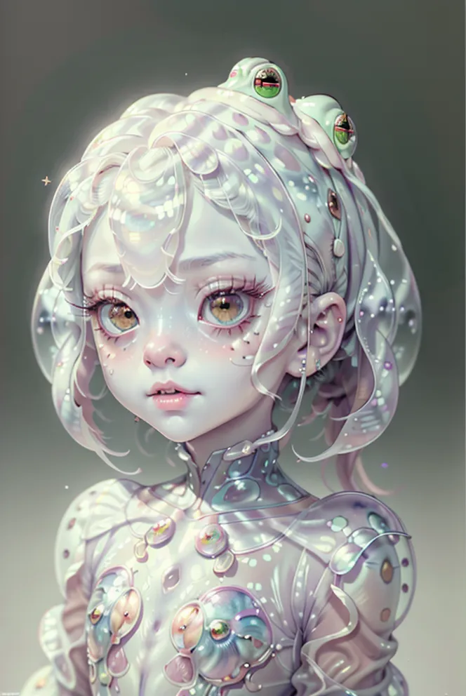 The image is a portrait of a young girl with pale skin and large, round eyes. She is wearing a white dress with a high collar and a pearl necklace. Her hair is white and is styled in a bun. She has a frog on her head and there are two small frogs on her shoulders. The background is a light green color.