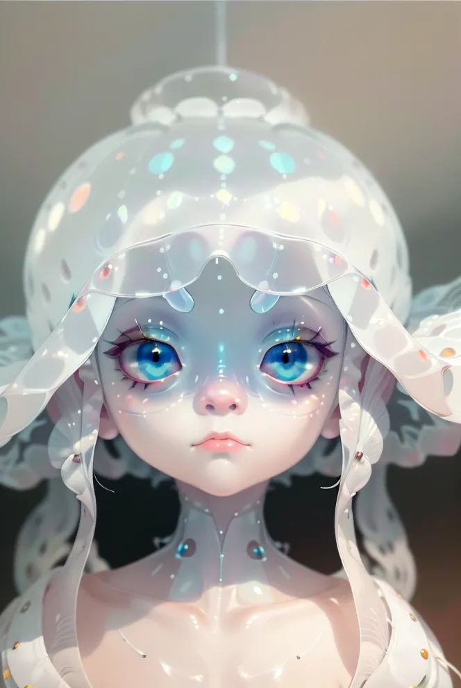 The image is a portrait of a jellyfish girl. She has pale skin and blue eyes. She is wearing a white hat that resembles a jellyfish bell. The hat has eight tentacles that hang down around her face. She is also wearing a white dress. Her eyes are wide and her mouth is slightly open. She has a serene expression on her face. The background is a light gray.