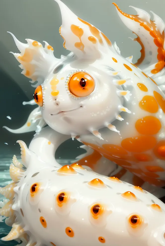 This image shows a small, translucent, white and orange creature with large, orange eyes. It has a long, serpentine body with two arms and two legs. Its body is covered in small, orange spots. The creature is smiling and has a friendly expression on its face. It is standing on a rock in a shallow pool of water. The water is clear and you can see the reflection of the creature in the water.