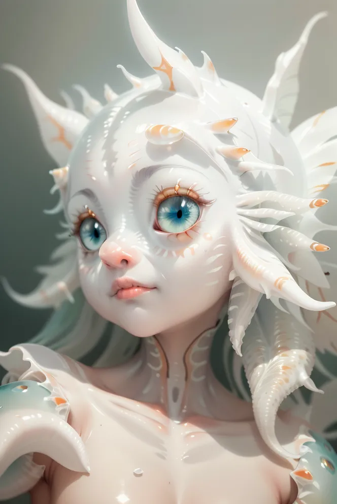 The image is a 3D rendering of a white-skinned humanoid creature with large, blue eyes and a small, pink nose. The creature has long, white hair that is styled in a way that resembles tentacles. It is wearing a necklace made of small, blue spheres. The background is a light blue color.