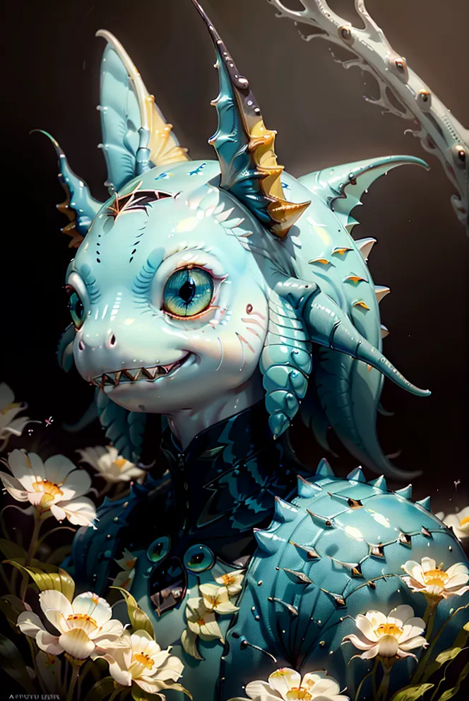 The image is a digital painting of a blue and green dragon-like creature with large eyes and a friendly expression. It is standing in a field of white flowers, and there is a dark forest in the background. The creature is wearing a collar of white flowers, and its body is covered in small, shiny scales. Its wings are folded against its back, and its tail is curled around its body. The creature is looking at the viewer with a curious expression.