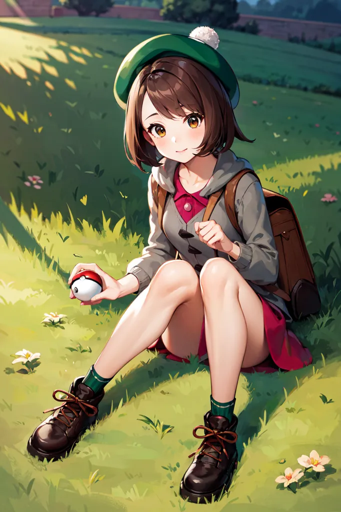 The image shows a young woman with brown hair and brown eyes. She is wearing a green beret, a gray jacket, a pink skirt, and brown boots. She is sitting on the grass in a field and holding a red and white Pokeball in her right hand. She has a brown bag on her back and there are some flowers and tall grass around her. In the distance there is a hill and some trees.