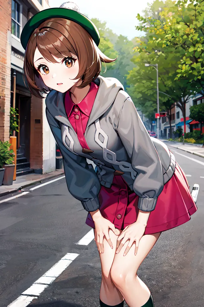 The image shows a young woman with brown hair and brown eyes. She is wearing a green beret, a gray jacket, a pink skirt, and brown boots. She is standing on a city street, and there are buildings and trees in the background. The woman is looking at the viewer with a curious expression on her face.