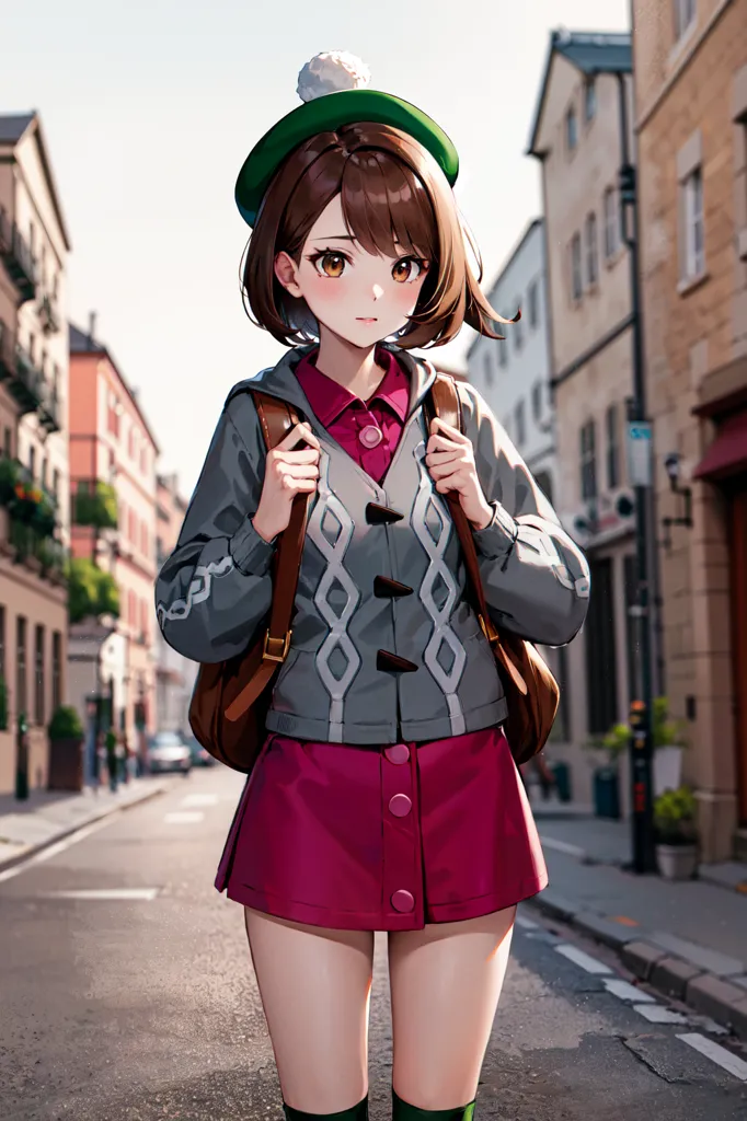 This is an image of a young girl with brown hair and brown eyes. She is wearing a green beret, a gray jacket, a white shirt, and a pink skirt. She is also wearing a brown bag over her shoulder. She is standing in a street with buildings on either side. The street is made of cobblestones. The sky is blue and there are some clouds in the distance.