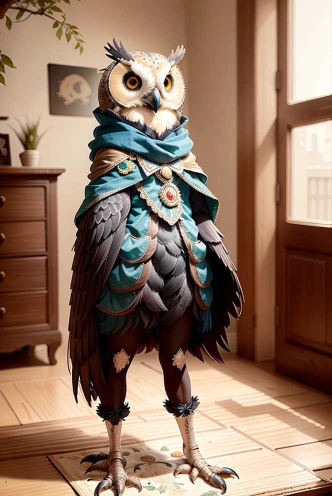 L'image montre un hibou anthropomorphe debout dans une pièce. Le hibou est vêtu d'une robe bleue et brune avec un collier en or et a une expression sérieuse sur le visage. La pièce est décorée d'un meuble en bois, d'une plante en pot et d'un tableau. Le hibou se tient sur un petit tapis.