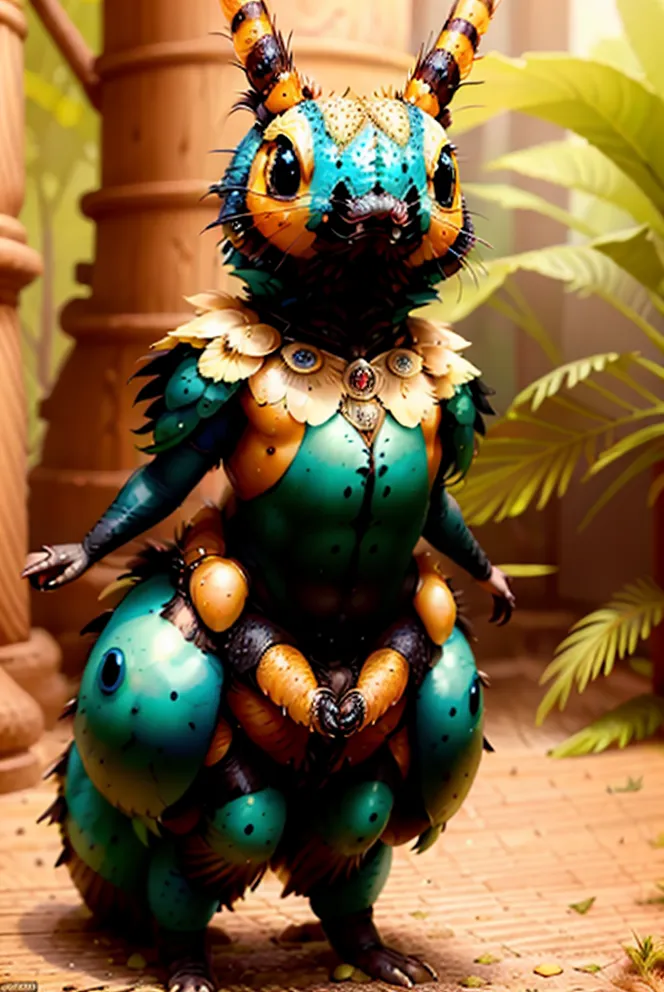 The image shows a green and yellow insect-like creature with large, blue eyes. It is wearing a golden necklace and has a golden ring on its abdomen. The creature is standing on a brown surface, surrounded by green plants. The background is a blur of brown and green.