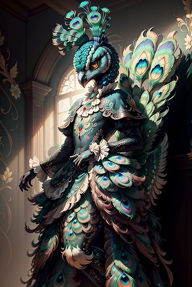 A imagem é de um homem com cabeça de pavão vestindo um traje elaborado. Ele está em pé em um salão imponente, com um piso de mármore e colunas ornamentadas. O homem está vestido com um casaco emplumado azul e verde, com um longo rabo. Ele também está usando um cocar emplumado e uma máscara. O rosto do homem está escondido pela máscara, mas seus olhos são visíveis. Eles são de uma cor azul profunda e estão olhando para o espectador. A imagem é tanto bela quanto inquietante. O homem com cabeça de pavão é uma figura estranha e perturbadora, mas também é inegavelmente bela. A imagem está cheia de cores e texturas ricas, e fica claro que o artista dedicou muito pensamento e esforço para criá-la.