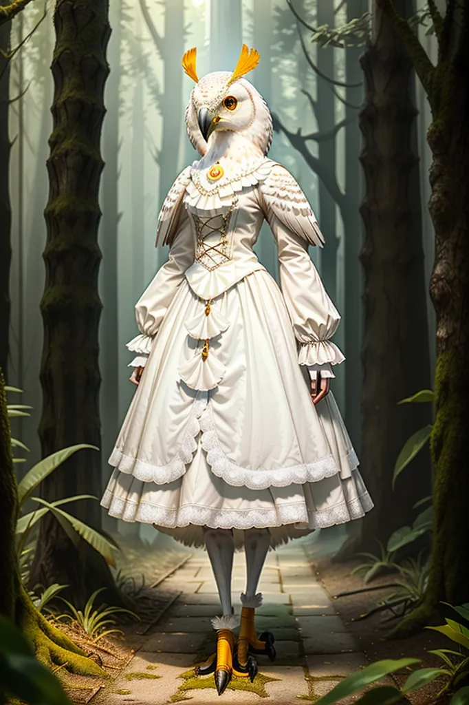 This image is of a woman dressed in a white dress with an owl's head. The dress is long and has a corset bodice with a lace-up front. The skirt is full and has several layers of ruffles. The woman's hair is long and black and she is wearing a necklace made of pearls. She is standing in a forest and is surrounded by trees.