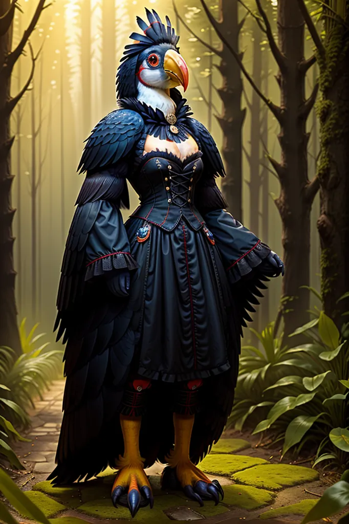 The image is a painting of a woman with the head of a toucan. She is wearing a black dress with a corset and a long skirt. She has a blue cape and a necklace with a large gem in the center. Her feet are like those of a bird, with long talons. She is standing in a forest, surrounded by tall trees and green plants. The sun is shining through the trees, creating a dappled pattern on the ground.