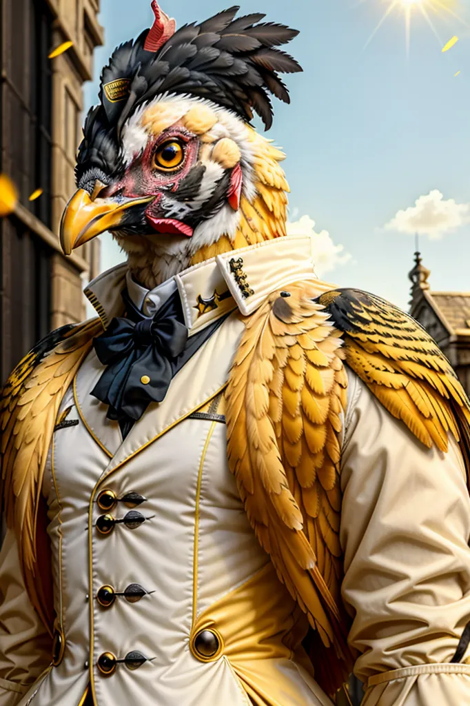 L'image montre un poulet portant un costume. Il a un haut-de-forme noir avec un ruban rouge, une veste de costume blanche avec des boutons dorés et un nœud papillon noir. Il a également une chaîne en or autour du cou. Le poulet se tient devant un bâtiment et il y a une ville à l'arrière-plan.