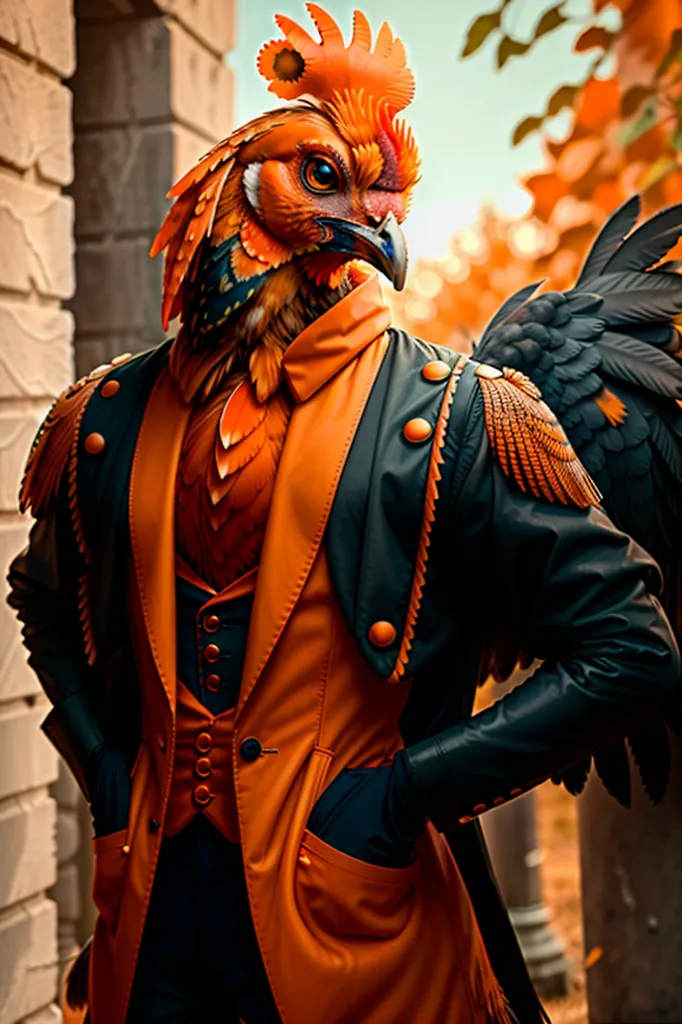 The image shows a rooster wearing a black leather jacket and a waistcoat. The rooster has its wings spread out and is standing in front of a brick wall. The background is blurry.