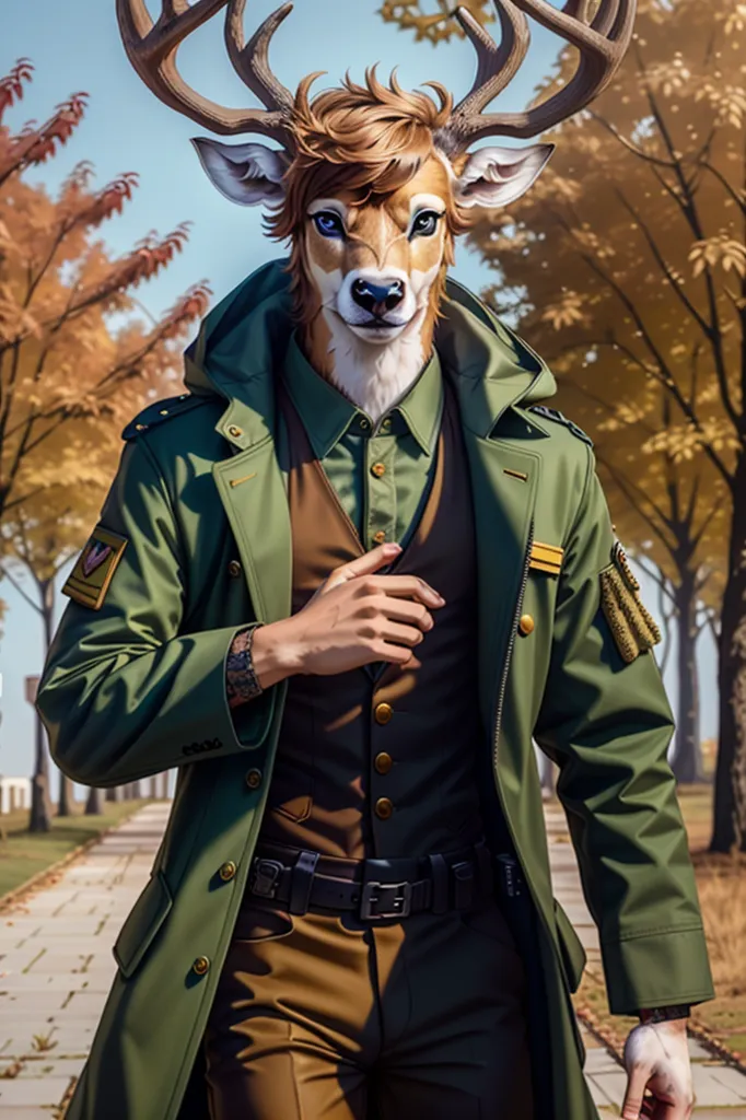 The image is a portrait of a deer-headed man in a military uniform. He is wearing a green coat with a brown vest and a brown belt. He has a tattoo on his left arm. He is standing in a forest and there are trees with orange leaves in the background.