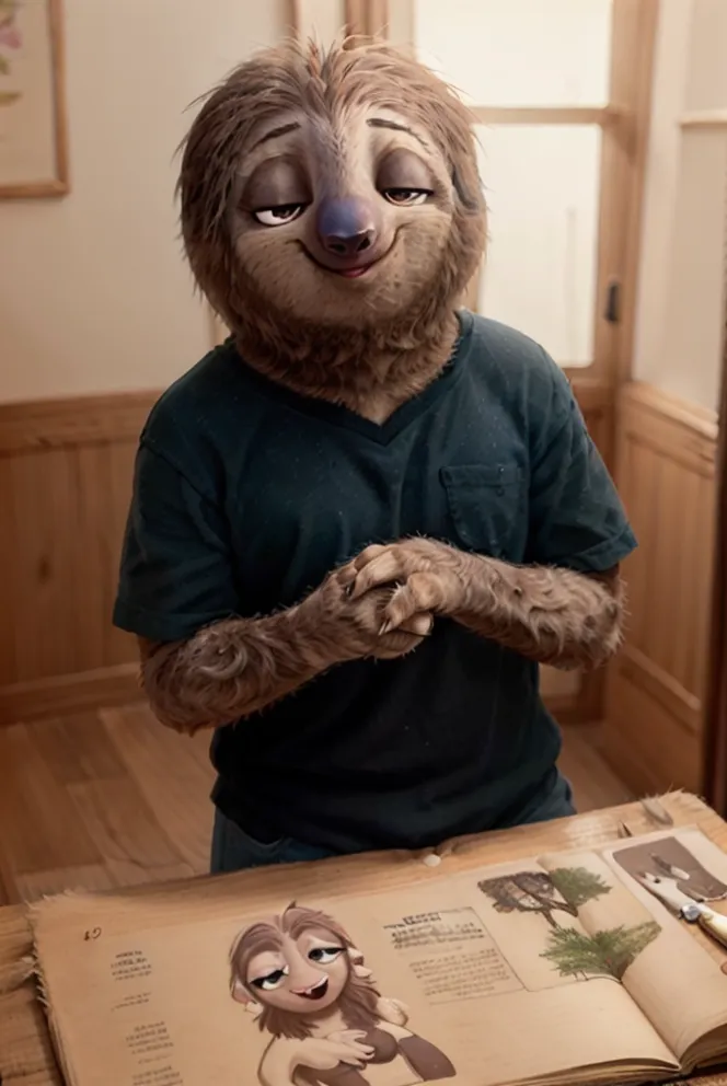 The image shows a sloth wearing a human shirt standing in a room. The sloth has its hands clasped in front of it and is looking at the camera with a slightly smug expression on its face. The room is paneled with wood and there is a book open on a table in front of the sloth.