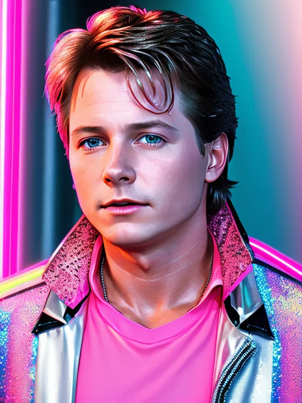 Esta es una imagen de un hombre joven con cabello rubio y ojos azules. Lleva una camisa rosa y una chaqueta plateada con un brillo rosa. El fondo es un desenfoque de luces azules y rosas. La expresión del hombre es seria.