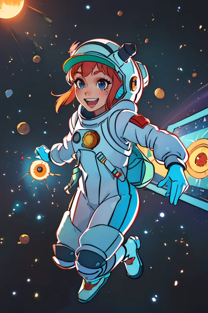 This is an image of a young girl in a spacesuit with an orange tint to the visor. She is smiling with her mouth open and has an excited expression on her face. She is wearing a white spacesuit with blue and orange details. There are stars and planets in the background and she appears to be floating in space.